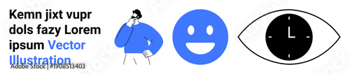 Communication, time management, facial expressions, analytics, focus, decision-making. Man in thoughtful pose, happy face clock inside an eye. Time management and communication concept
