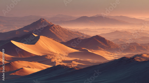 Stunning desert landscape with expansive dunes, mountain backdrop, vibrant sunset sky, natural scenery, and peaceful outdoor exploration scene