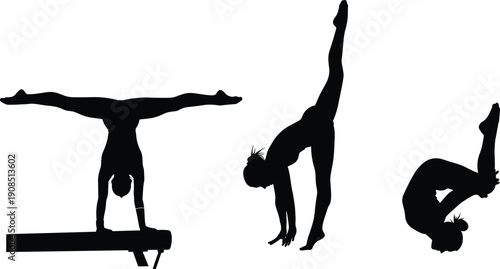 Female gymnast silhouette performing handstand, balance, and flexibility poses, athletic yoga and gymnastics movements isolated on white background for fitness, sport, and wellness concepts