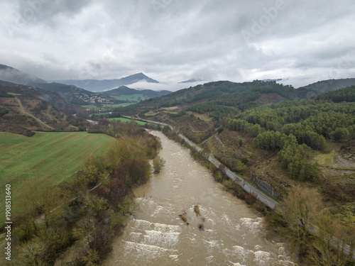 Arakil River flooding, Eguillor in the background. Ollo Valley, Navarra