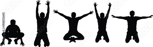 Jumping people silhouettes set showing energetic human poses, happiness and freedom concept, active body movement collection isolated on white background for sport, fitness and lifestyle design