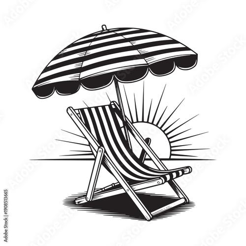 Black and white illustration of a beach chair and umbrella