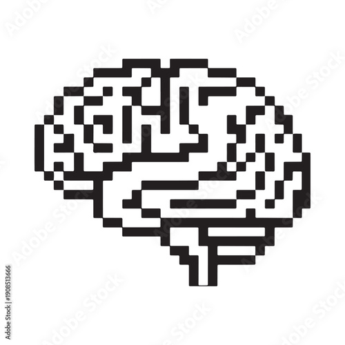 Pixelated human brain illustration in black and white tones