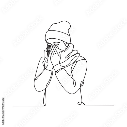 A single line drawing of a person wearing a winter hat