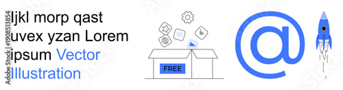 Technology, communication, email marketing, distribution, e-commerce, innovation. Open box labeled free, rocket gear and at symbol. Technology and communication concepts