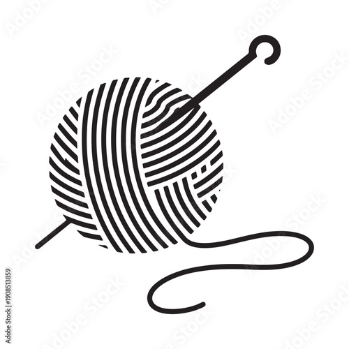 A black and white illustration of yarn and a crochet hook