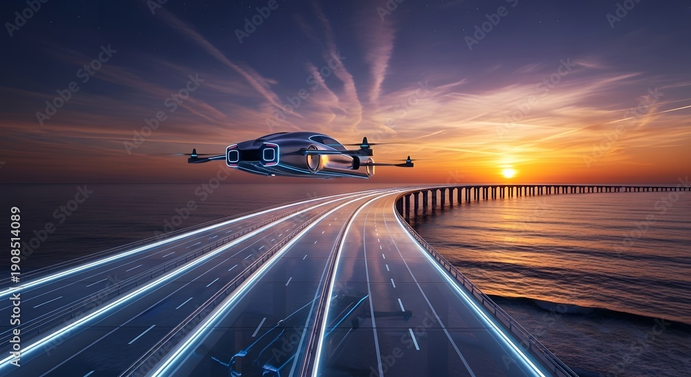 Obraz premium Futuristic autonomous vertical takeoff and landing vehicle flying over a glowing digital highway bridge at sunset