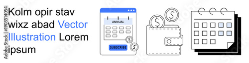 Financial management, budgeting apps, economic planning, personal savings, time tracking, scheduling. Wallet, calendar and app with monetary elements. Financial management and budgeting apps concept