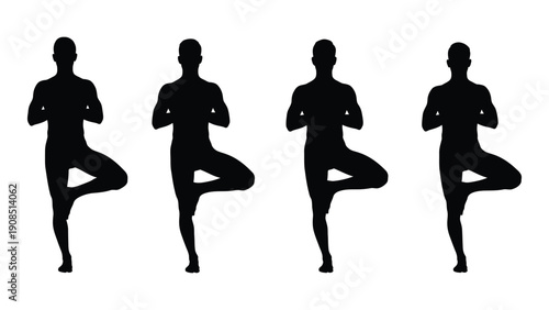 Four silhouetted figures demonstrating different yoga poses focused on balance and meditation