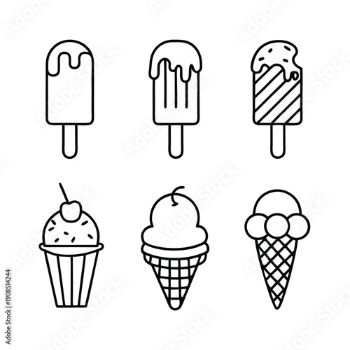 Line Art Assorted Ice Cream Treats, Popsicles, Cupcakes, Cones Sweet Dessert Icons