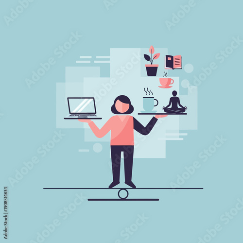 Multitasking woman balancing work and self-care with laptop and coffee