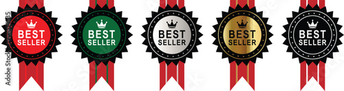 Best seller award badges with crown icons and ribbon seals
