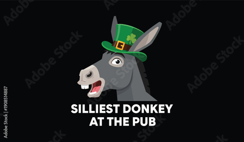 Silliest donkey at the pub illustration for St. Patrick's Day with a festive green hat and shamrock.