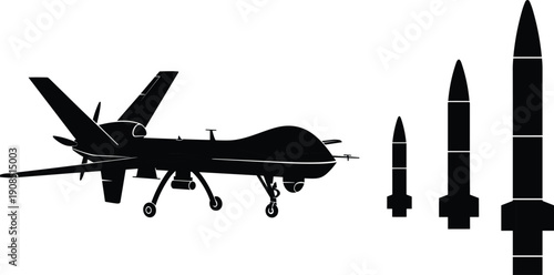 Black silhouette of military predator drone with missiles, unmanned aerial vehicle for surveillance, combat war technology, air force defense, isolated vector.