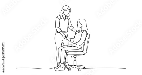 Continuous line art of female therapist and young female patient in counseling session. No editable stroke