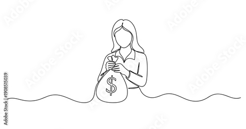 Line drawing of female holding money bag with dollar sign. No editable stroke