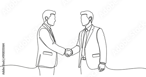 Two caucasian male adults shaking hands in business suits line drawing. No editable stroke