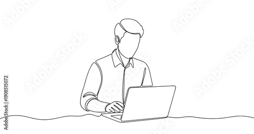 Outline of young caucasian male working on laptop. No editable stroke