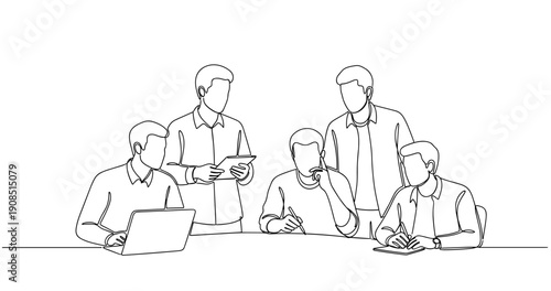 Line art of a team of five young caucasian adult males collaborating at a table. No editable stroke