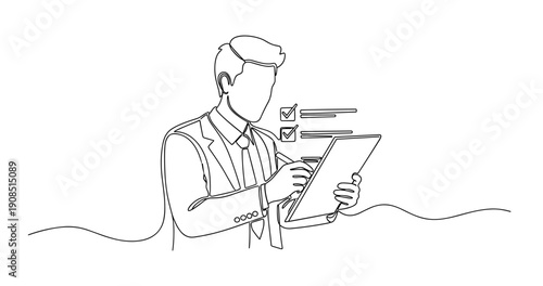 Adult caucasian male engaged with digital tablet and checklist concept. No editable stroke