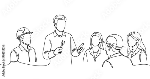 Continuous line drawing of people in discussion wearing hard hats and holding tools. No editable stroke