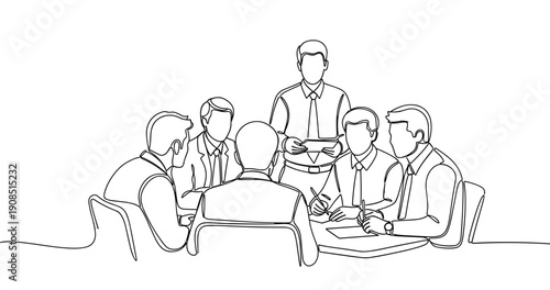 Line art of diverse team engaged in collaborative meeting discussion. No editable stroke