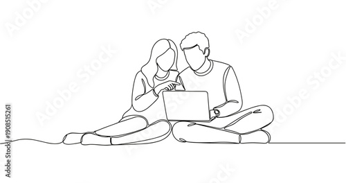 Young caucasian couple using laptop together line art illustration. No editable stroke