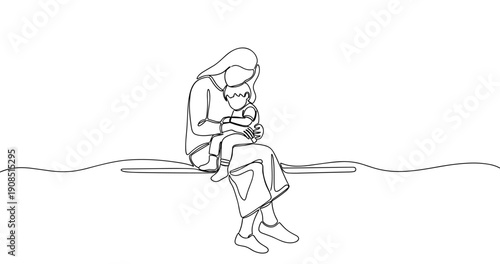 Line art of young caucasian female embracing child with tenderness and care. No editable stroke