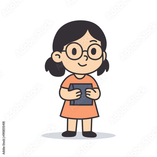 Bookish Girl with Round Glasses and Orange Frock cartoon illustration, Vector illustration in flat style.
