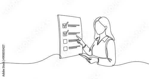 Female adult caucasian analyzing checklist on board in line art illustration. No editable stroke