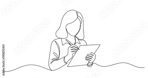 Continuous line drawing of female artist sketching on tablet. No editable stroke
