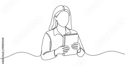 Line art of female caucasian young adult holding notebook with curved lines. No editable stroke