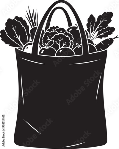 Black silhouette of a reusable grocery bag filled with fresh produce shopping bag tote bag de