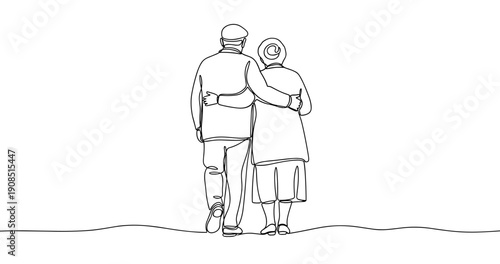 Elderly caucasian couple walking arm in arm - heartwarming black and white line art. No editable stroke