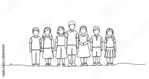 Group of young caucasian children standing together in uniform line art. No editable stroke