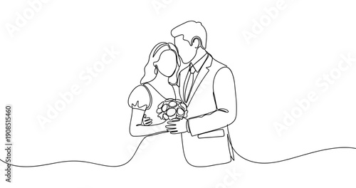 Line art of caucasian bride and groom embracing. No editable stroke