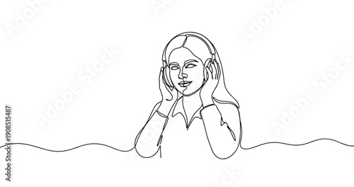 Continuous line drawing of young caucasian female listening to music with headphones. No editable stroke