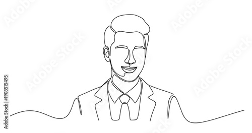 One-line drawing of smiling young caucasian male in suit. No editable stroke