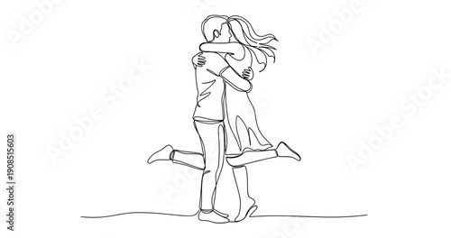 Couple embracing: line art of young caucasian male and female hugging. No editable stroke