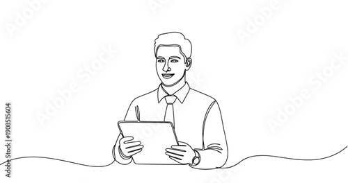 Male adult caucasian professional holding tablet in line art style. No editable stroke