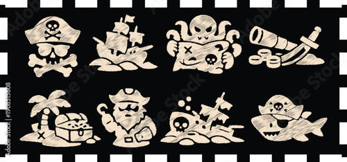 Hand-Drawn Pirate Adventure Icons: Minimalist Sketched Treasure & Nautical Clipart for Retro Design