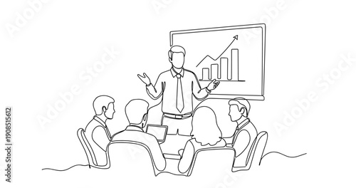 Business meeting with presentation: male presenter, mixed gender, adult professionals. No editable stroke