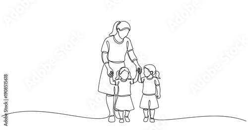 Line art of woman with two children holding hands. No editable stroke