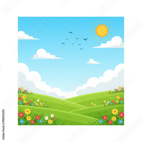 Summer landscape vector illustration with green hills and bird flock