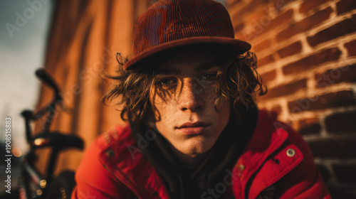 Stylish young man portrait showcasing urban street fashion with casual hoodie, trendy hat, expressive face, modern hairstyle, confident attitude, vibrant outdoor setting, and youthful style