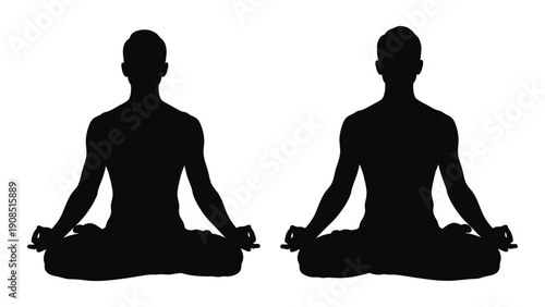 Two silhouetted figures are depicted in a meditative lotus position