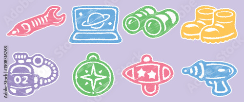 Whimsical Pastel Space Doodle Icons: Cute Hand Drawn Sci-Fi Set