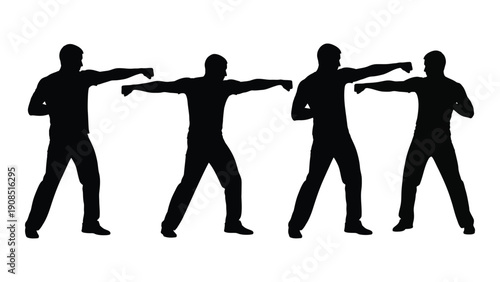 Silhouettes of three figures demonstrating a martial arts movement or pose