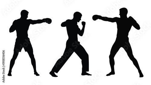 Three silhouetted figures depict a boxing match in varying action poses