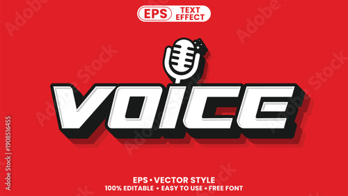 Striking 3d voice vector text effect in white and black with a microphone icon. Versatile text effect vector for audio and speaking.